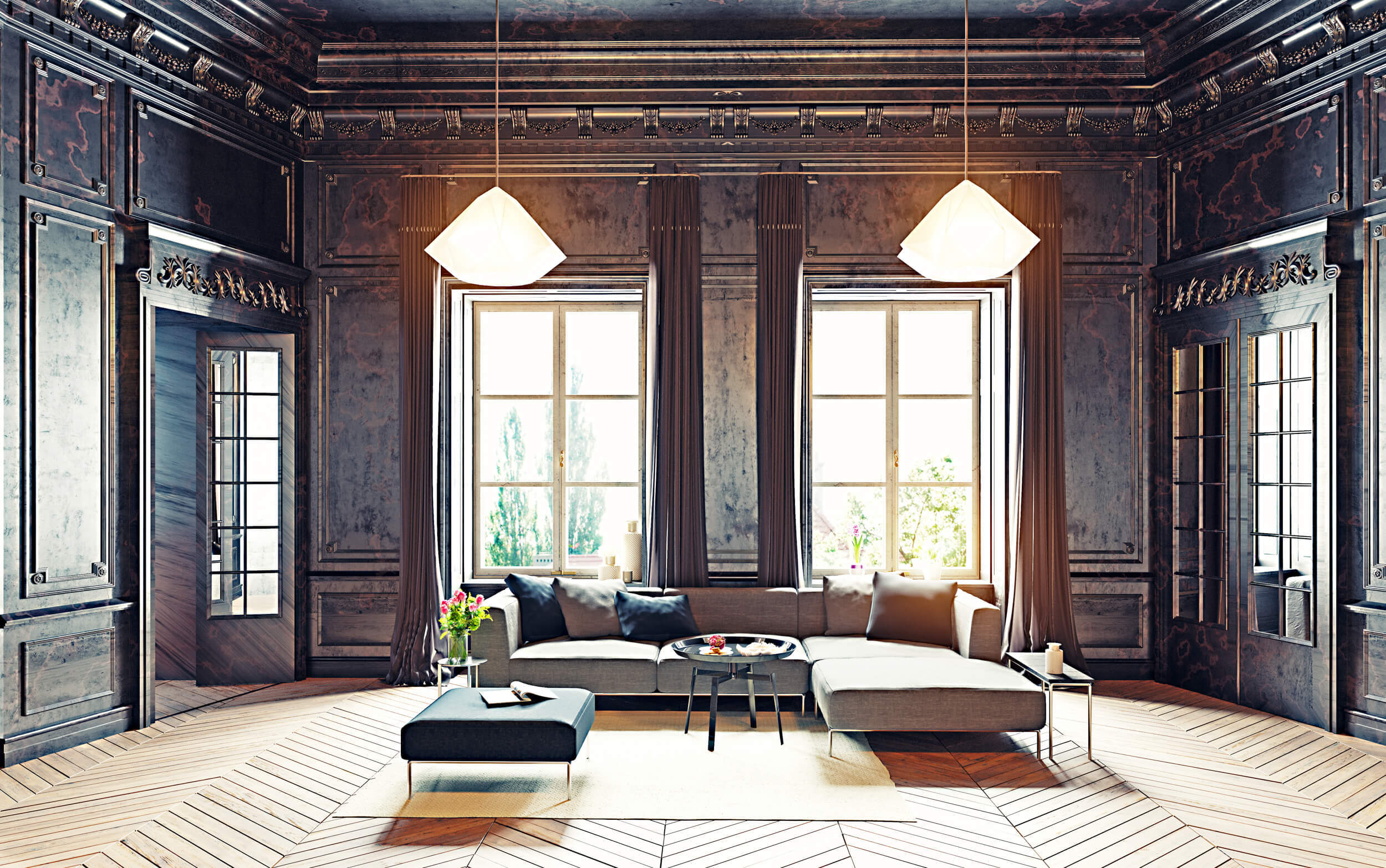 regal living room with dark wood panel walls, drapery, gray upholstered sectional sofa, black square ottoman, round side table, oversized pendant lights, herringbone wood floor, mirrored French doors and area rug