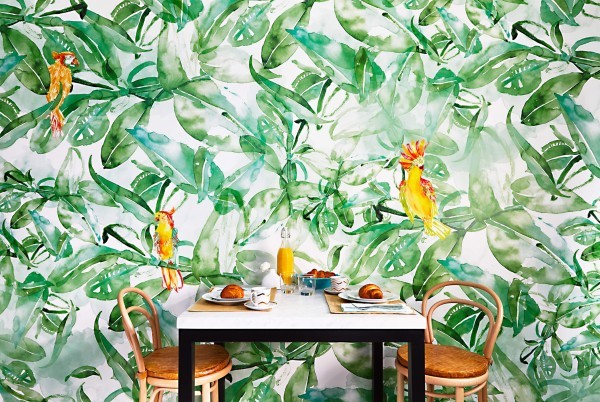 Parrot mural wall with custom marble top island and bentwood stools Parrot mural wall with custom marble top island and bentwood stools
