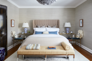 TIDG, TIDG Boutique, Toronto Interior Design Group, Interior Design, top designer, best designer, luxury, architecture, grasscloth wallpaper, upholstered headboard, blue and white table lamps, feather pendant